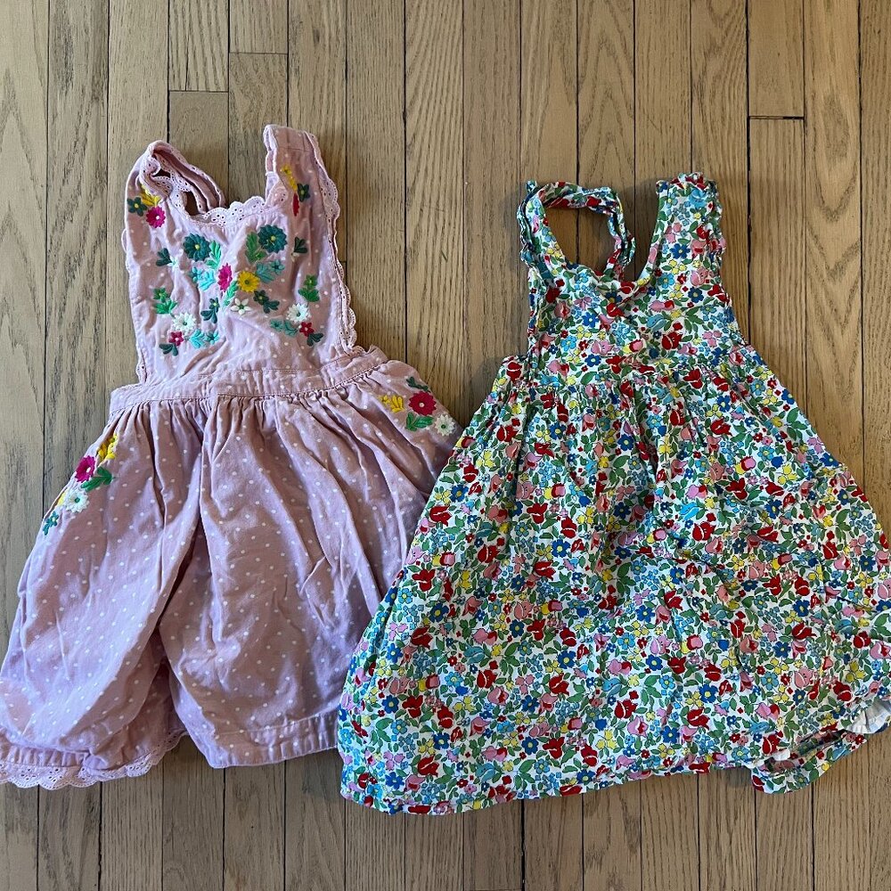 Lot of 2 Mini Boden Cross-back Dresses, Size 6-7; Embroidered Pink, Ditsy Floral